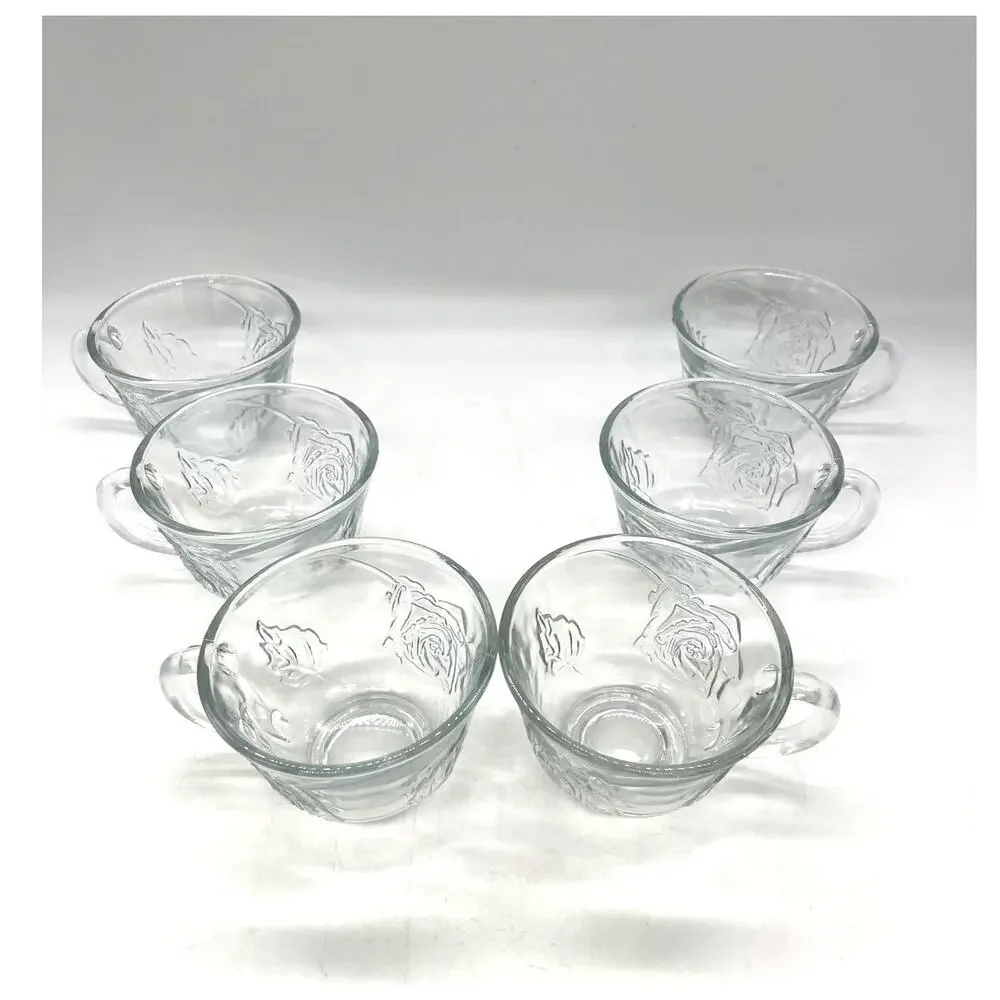 Vintage Set of 6 Clear Glass Tea Cups with Embossed Rose Embellishments